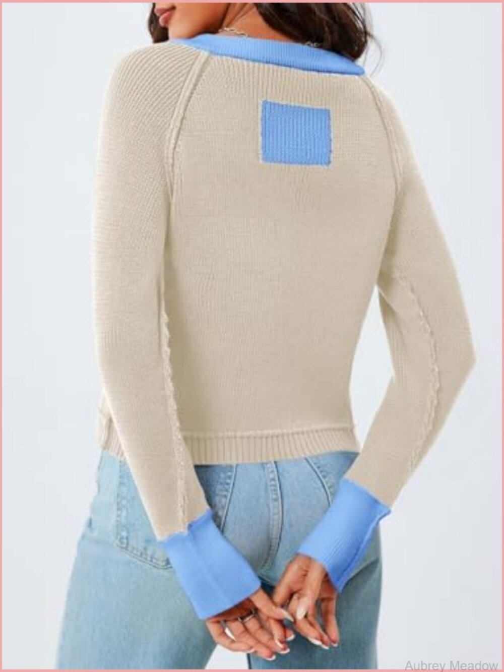 Cropped Button Down Cardigan Sweater Open Front Long Sleeve Color Block Knit - Picture 5 of 7